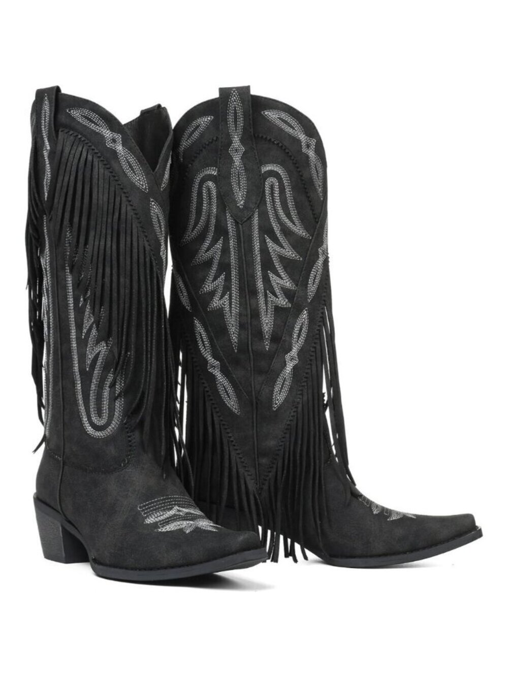 Women's Black Classic Embroidery Pointed Toe Fringe Knee High Cowgirl Boot